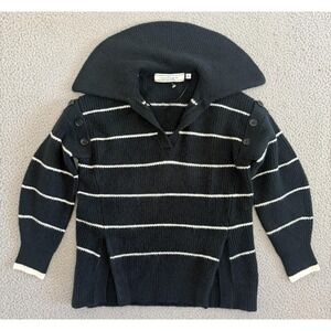 Rokh Sweater Womens XS Black White Stripe Funnel Collar Shoulder Buttons